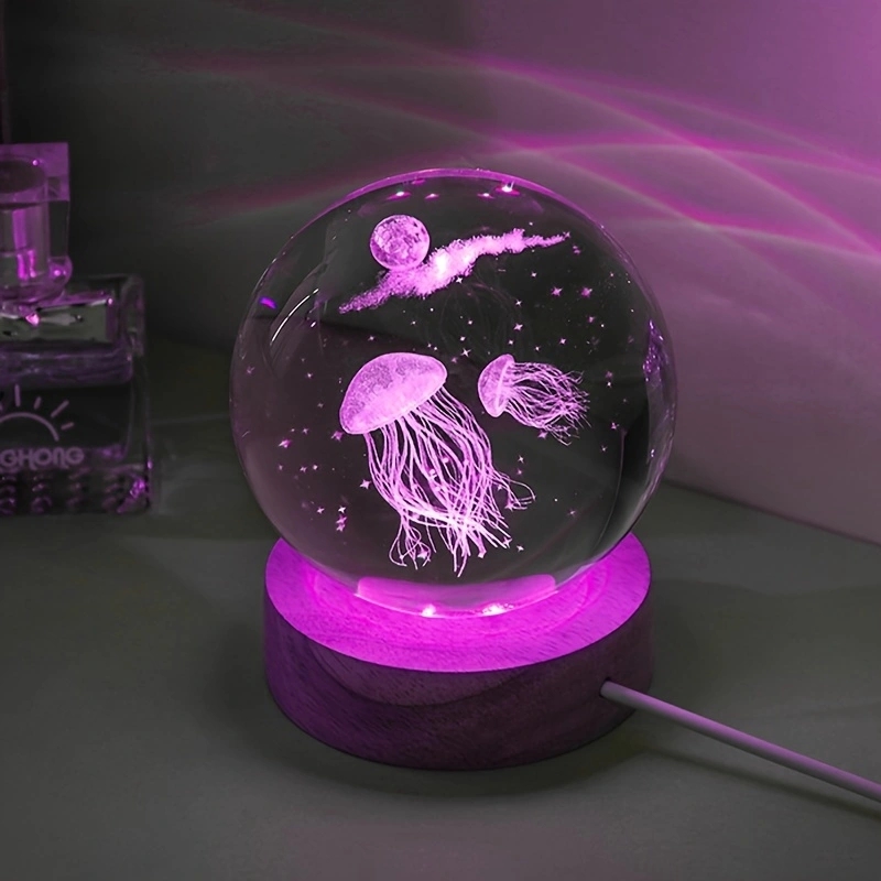 Floating Nightstand With Led Light - 3D Jellyfish Laser engraved crystal ball