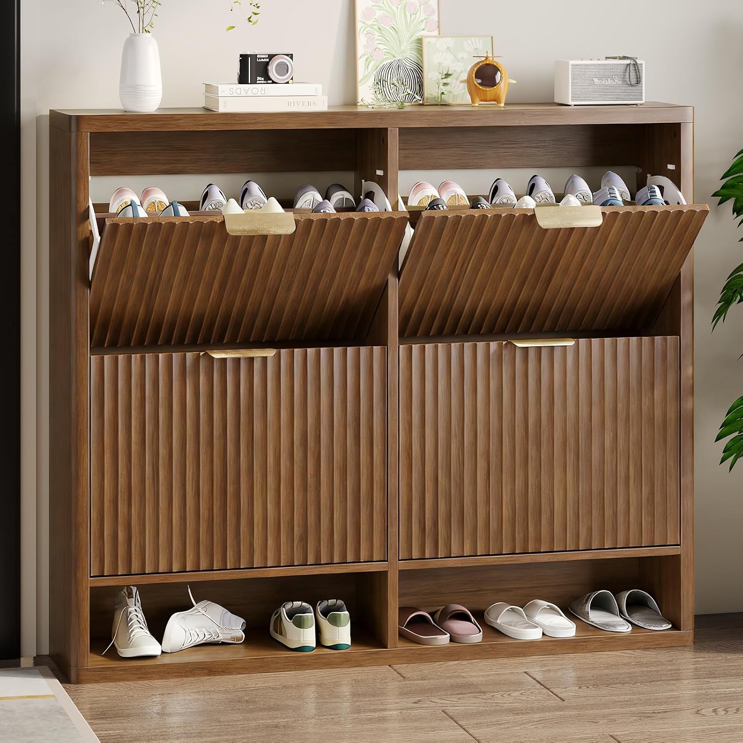 Shoe Rack Cabinet Narrow Entryway - Fluted Shoe Cabinet with 4 Flip