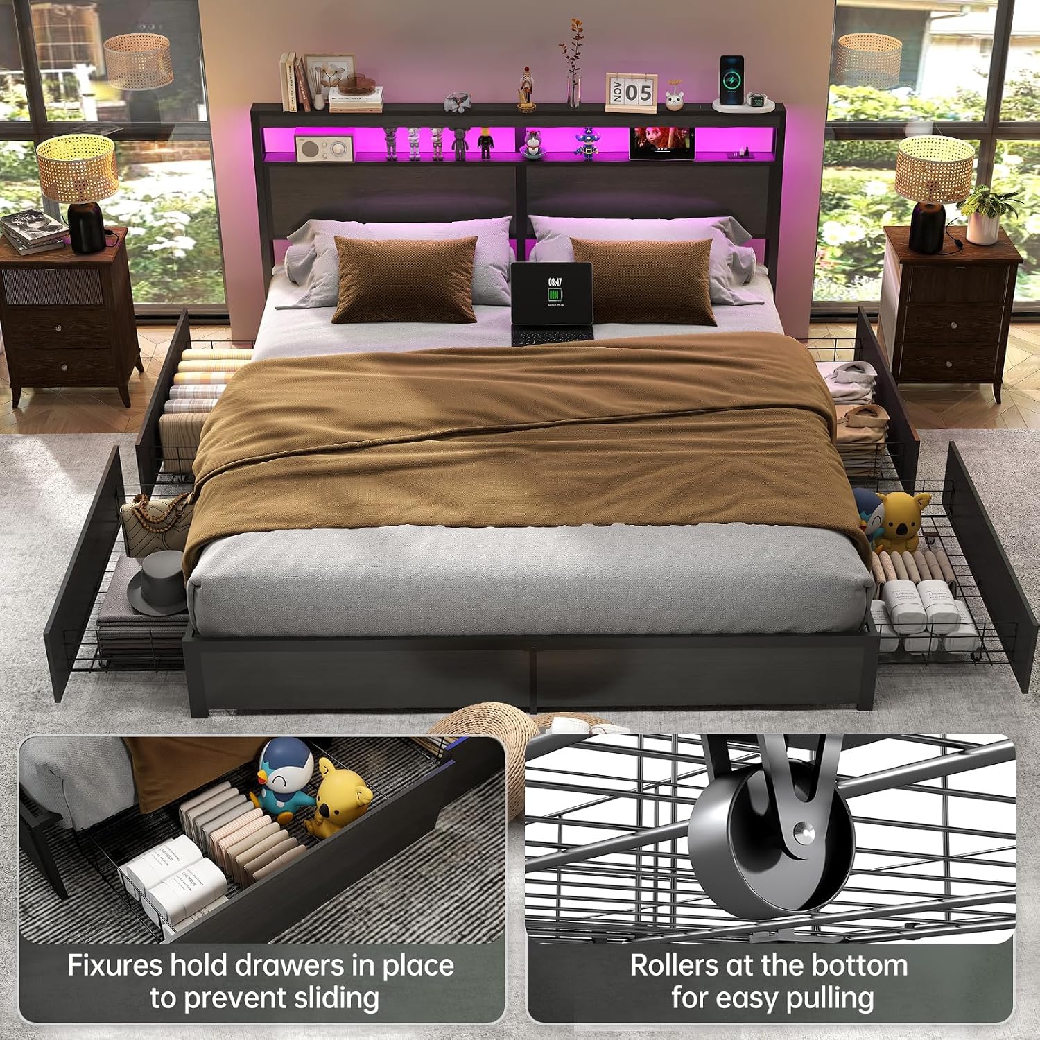 King Size Bed Frame with LED L - King Size Bed Frame With Storage Drawers recension och pris
