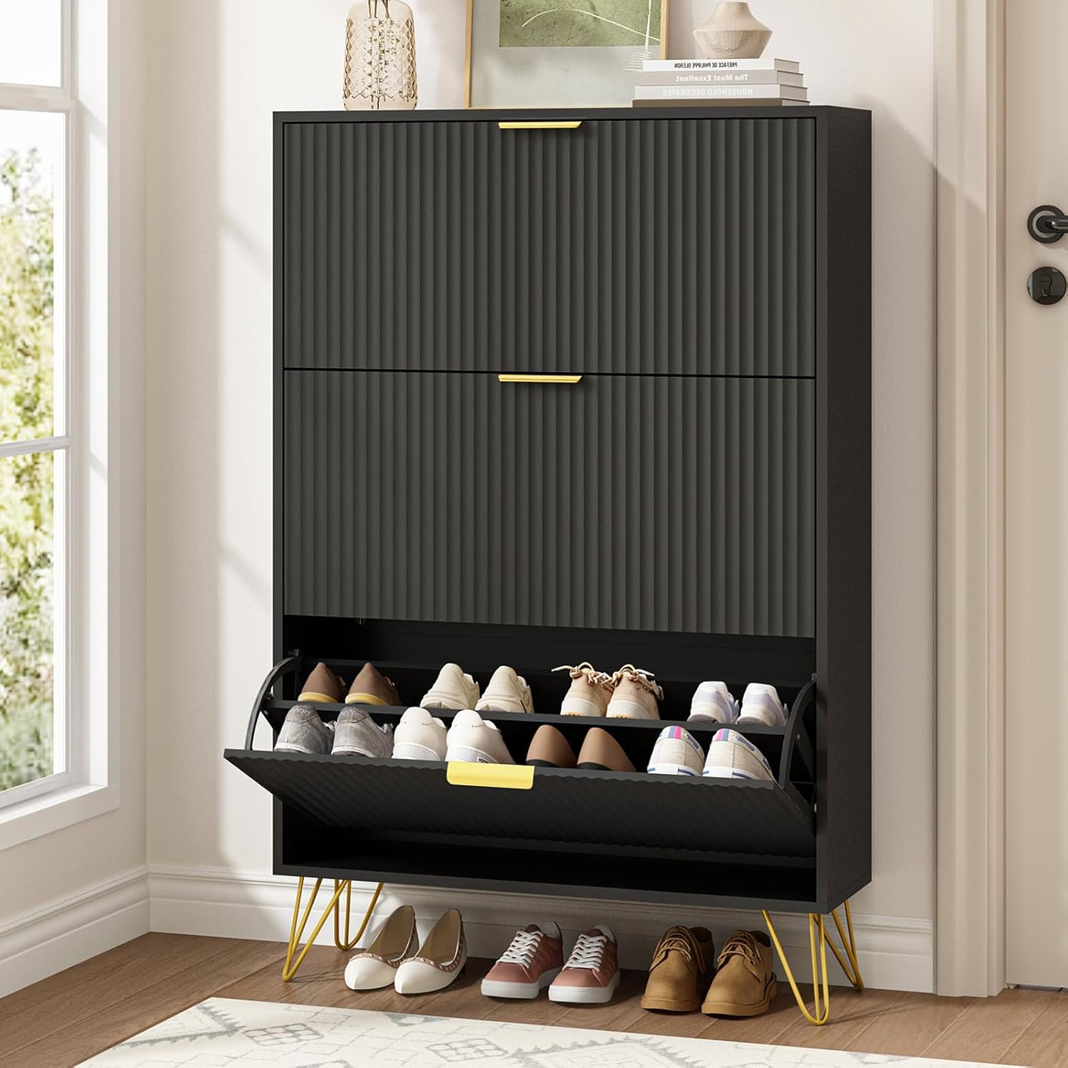 Fluted Narrow Shoe Cabinet wit - Shoe Rack Cabinet Narrow Entryway recension och pris