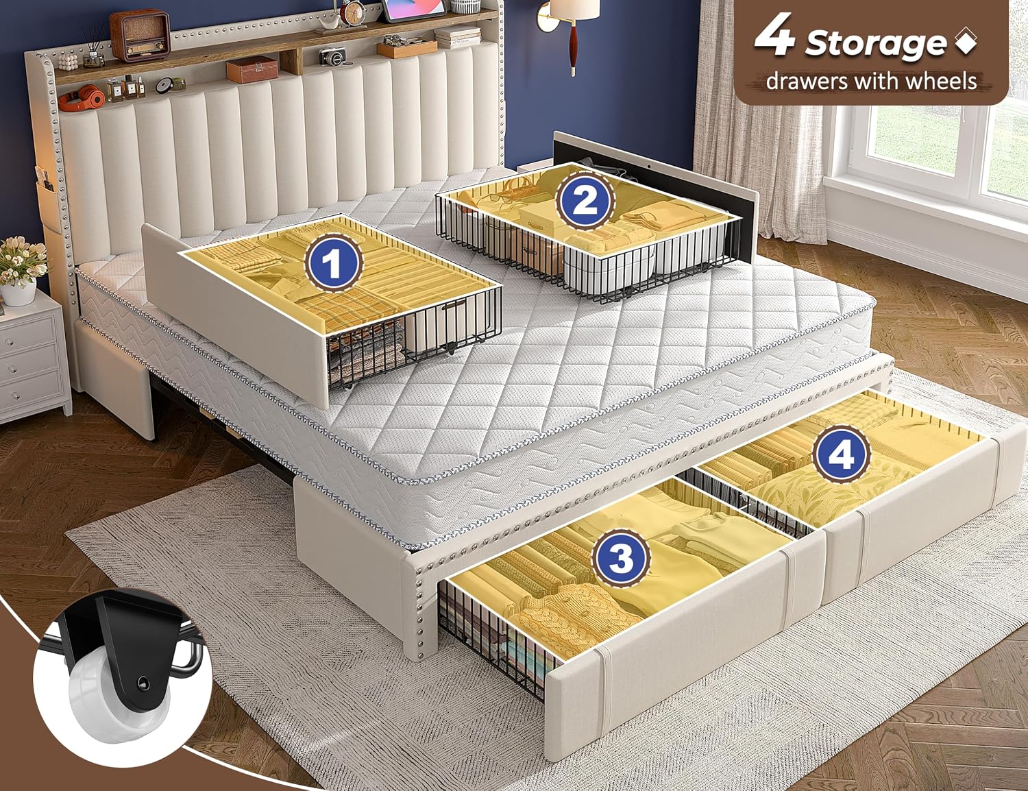King Size Bed Frame with 4 Sto - King Size Bed Frame With Storage Drawers recension och pris